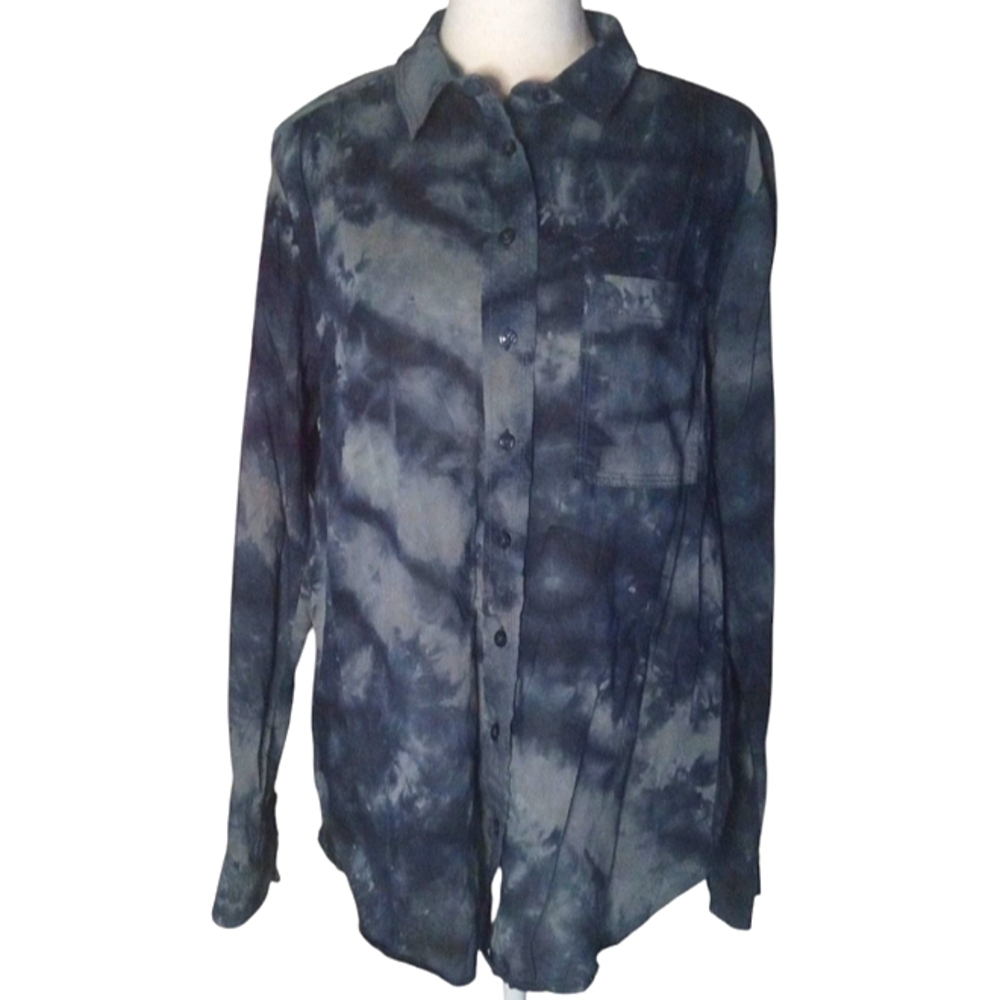 Anthropologie Pilcro Navy & Gray Tye Dye Button Front Cotton Blouse Size Medium